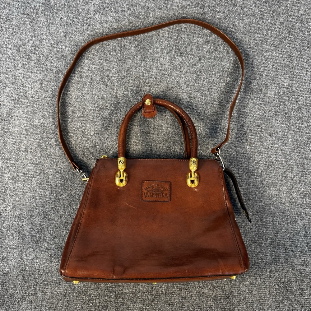 Vintage VALENTINA Leather Handbag Made In Italy Satchel Shoulder Bag Brown Gold